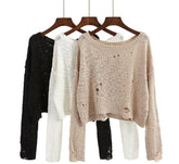 Suéteres cortos de punto con agujeros rotos, negros, blancos y beige